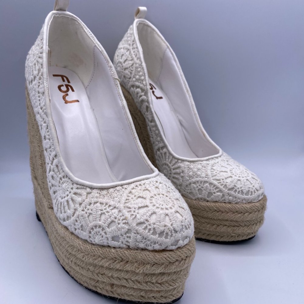 FSJ Ivory Lace Espadrille Wedges Wedding Round - Picture 4 of 10